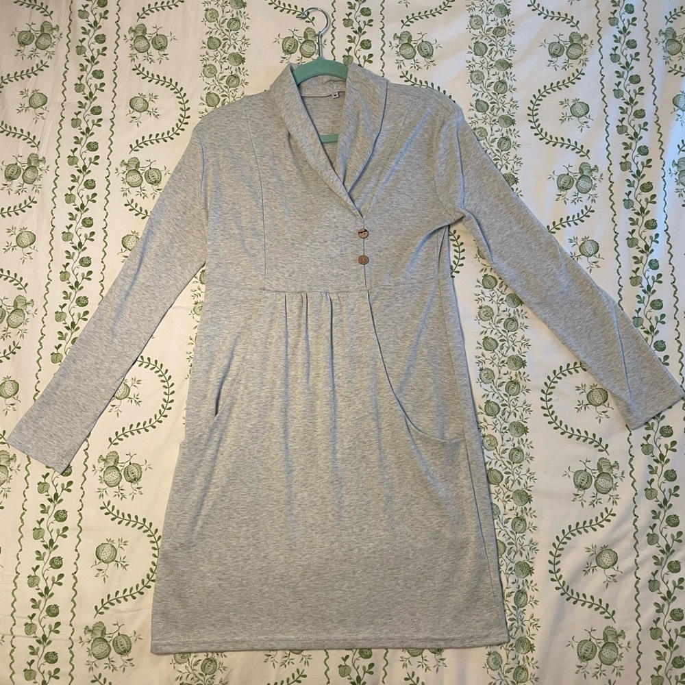 Gray Long Sleeve Dress with Button Detail